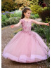 Mauve Lace Tulle V Back Floor Length Flower Girl Dress